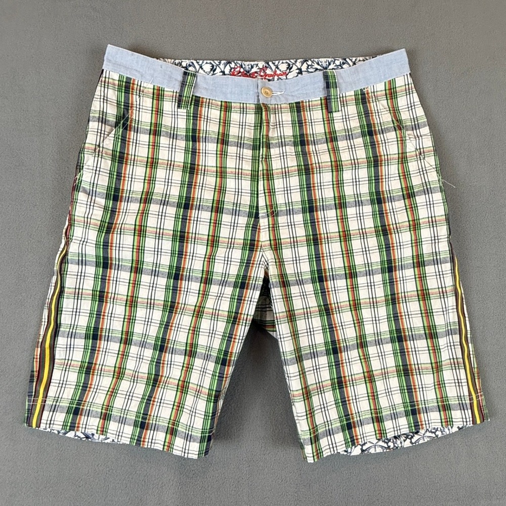 Robert Graham Plaid Shorts Mens 36 Multicolor Shark Print Lining Flat Front Trim